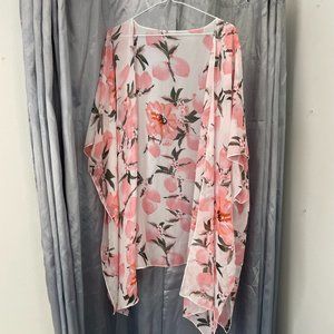 UNKNOWN BRAND White & Pink Lemon Fruit Pattern Cardigan/Shawl/Wrap - O/S